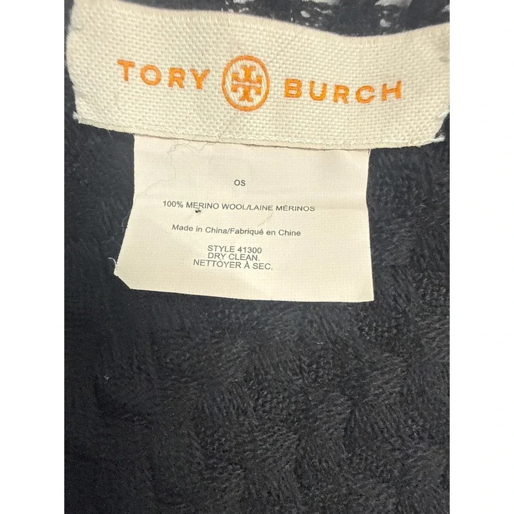 NWOT Tory Burch Black Merino‎ Wool Fringe Wrap Scarf Logo Quiet Luxury Old Money